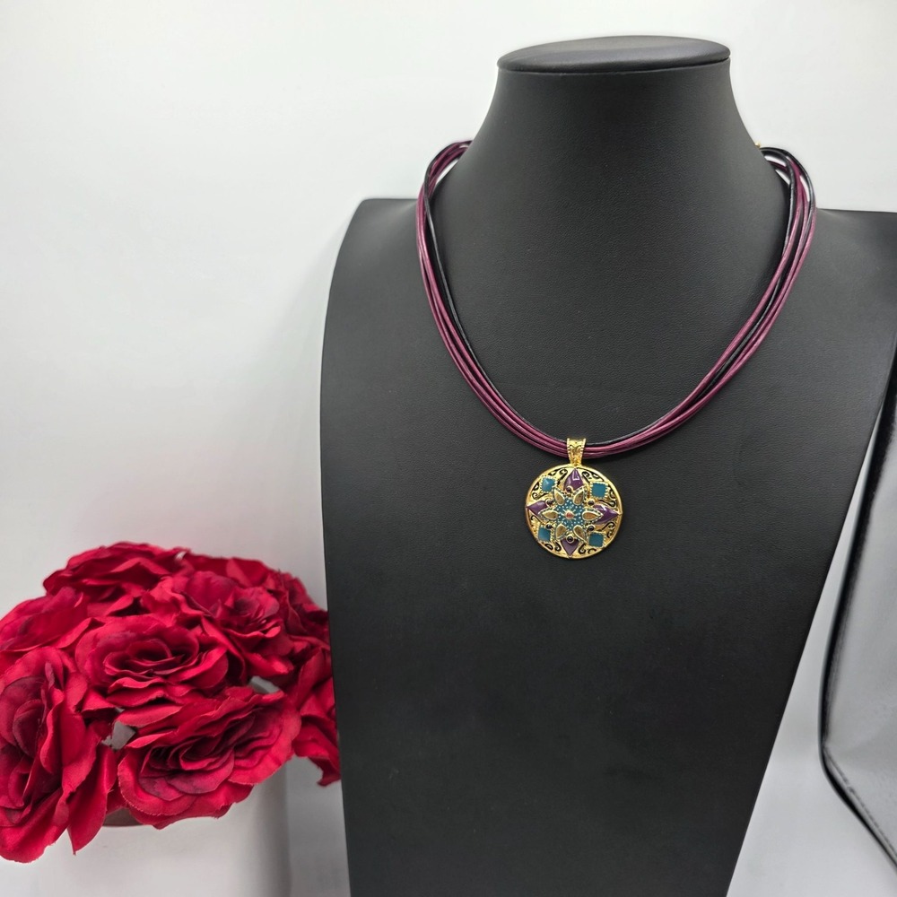 Chico's Gold Tone Pendant Necklace Multi-Strand Cord Blue Purple Gems Statement